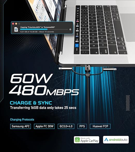 Futurizta Tech [Upgraded] Zeus-X 6-in-1 Universal Multi Cable (3.3ft/1m) Fast Charging 60W Laptop PD, QC3.0 & 27W iPhone Fast Charging & Data Sync, Military Grade Braided with Cable Organizer Strap