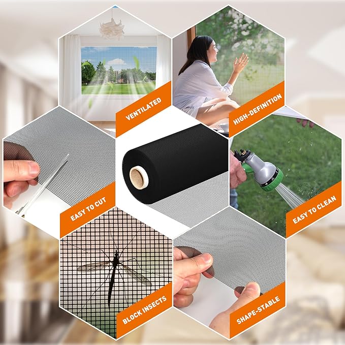 MAGZO Window Screen Replacement Mesh Roll, 37.4in × 16.4ft Upgraded Density 48x48 Mesh 0.12mm WD High Definition Siftproof Screen for Porch Doors Repair Kit, Ideal for Patio, Sliding Doors