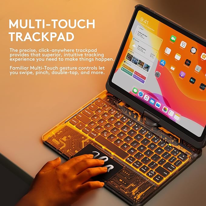 GUSGU Transparent Case with Wireless Keyboard for iPad Air 13-in.(M3/M2, 2025/2024), 7 Colors Backlight, Trackpad, 360°Rotating Stand for iPad Pro 12.9-in (6/5/4/3 Gen), Tech Style