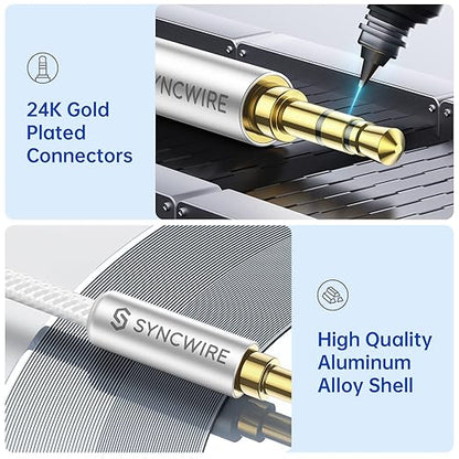 SYNCWIRE 3.5mm Nylon Braided Aux Cable (3.3ft/1m,Hi-Fi Sound), Audio Auxiliary Input Adapter Male to Male AUX Cord for Headphones, Car, Home Stereos, Speaker, iPhone, iPad, iPod, Echo & More – Silver