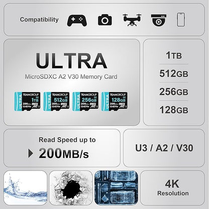 TEAMGROUP A2 Ultra Card 1TB Micro SDXC UHS-I U3 A2 V30, R/W up to 200/170 MB/s with Adapter TULMSDX1TIA2V3022503