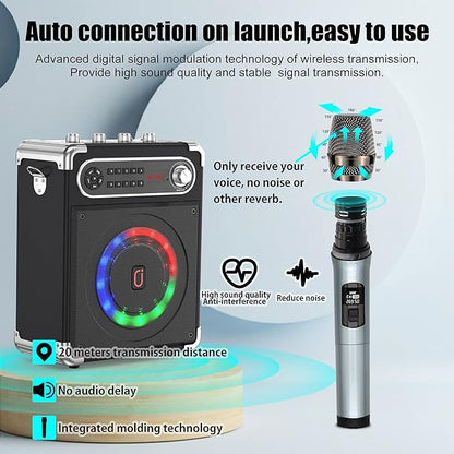 Bluetooth Speaker with Two Wireless Microphones, Outdoor Speaker with Subwoofer/Tweeter, Portable PA Speaker System with Remote Control, Discol Lights, FM, REC for Home, Party