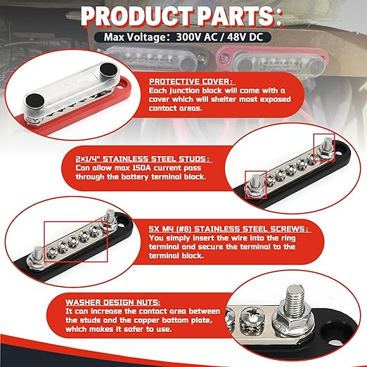 150A 12V Power Distribution Block with 2 x 1/4" (M6) Studs + 5 x M4 (#8) Screws Max 150A 48V DC 300V AC for Automotive Car Marine Truck Boat