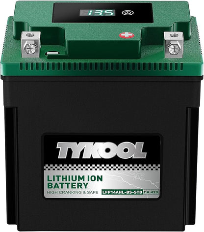 TYKOOL YTX14AHL-BS-STD LiFePO4 Lithium Motorcycle Battery,12.8V 7Ah,420CCA,Digital Readout,Powersports Battery, Fits for Motorcycle,ATV,Snowmobile,PWC. 2X Cranking Amps,5X Longer Life.Fast Charging