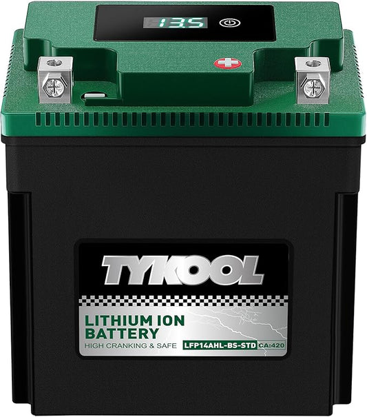 TYKOOL LFP14AHL-BS-STD Lithium Battery, Replaces YTX14AHL-BS, 420CCA 7Ah Fits for Motorcycle ATV Scooter, Compatible with Kawasaki KLR650 Suzuki Boulevard S40 Royal Enfield, Digital Readout [- +]