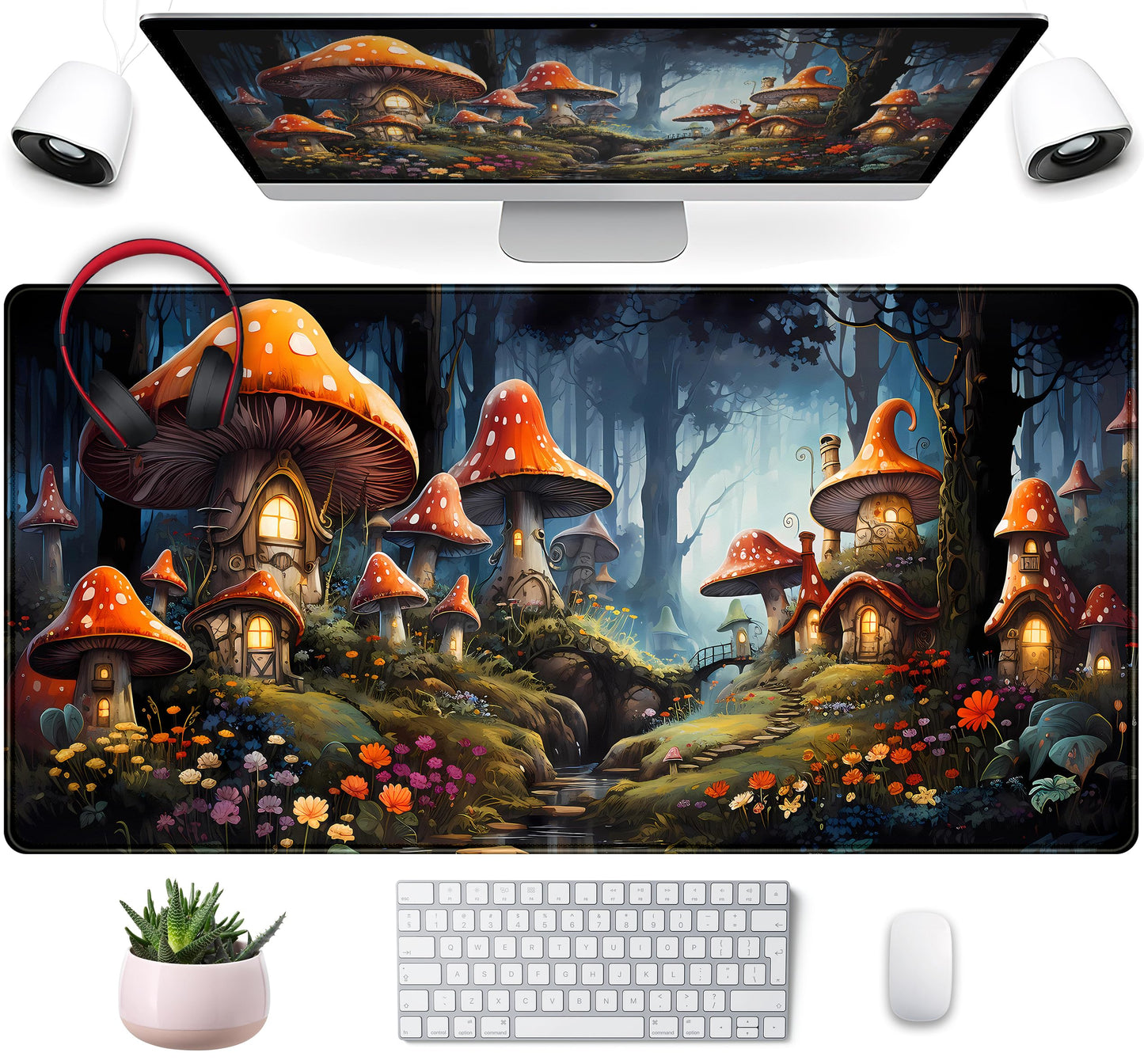Cute Anime Mushroom Desk Pad Floral Desk Mat, XXL Large Extended Mousepad Gaming Mouse Pad Computer Mat with Stitched Edges, Fantasy Office Decor Laptop Keyboard and Mouse Mat, 31.5x15.75 in
