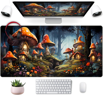 Cute Anime Mushroom Desk Pad Floral Desk Mat, XXL Large Extended Mousepad Gaming Mouse Pad Computer Mat with Stitched Edges, Fantasy Office Decor Laptop Keyboard and Mouse Mat, 31.5x15.75 in