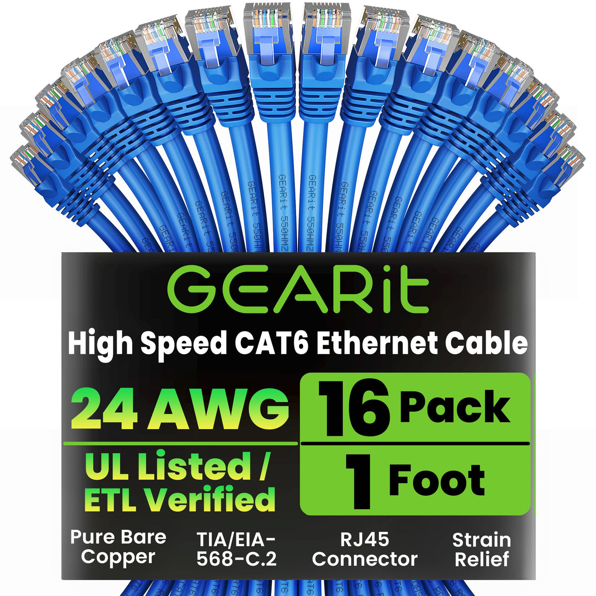GEARit Cat6 Patch Cables Cat 6 Ethernet Cable 3 ft 16-Pack Black