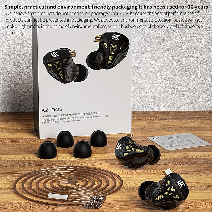 KZ DQS 1DD Earphones Wired in-Ear Headphones with Microphone Sound Isolating Earphones with Detailed Sound, Secure in-Ear Fit, Detachable Cable, Durable Quality for Audiophile Musician(Black,with Mic)