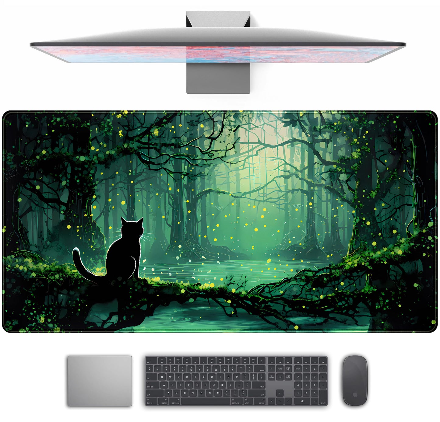 Kawaii Green Forest Desk Pad Mouse Pad Cute Black Cat Desk Mat, XXL Extended Anime Cats Large Gaming Mousepad, Computer Keyboard and Mouse Deskpad Decor Deskmat with Stitched Edges Mat 31.5x15.7 in