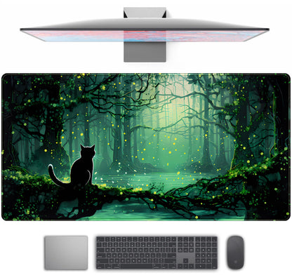 Kawaii Green Forest Desk Pad Mouse Pad Cute Black Cat Desk Mat, XXL Extended Anime Cats Large Gaming Mousepad, Computer Keyboard and Mouse Deskpad Decor Deskmat with Stitched Edges Mat 31.5x15.7 in