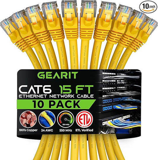 GEARit Cat 6 Ethernet Patch Cable 15 ft Yellow (10 Pack) Cat6 Patch Cables 15ft Yellow/Ethernet Patch Cable, 10Gbps 550MHz 24AWG Pure Copper, Snagless, Gold Plated RJ45 for Router, Server, Router, PC