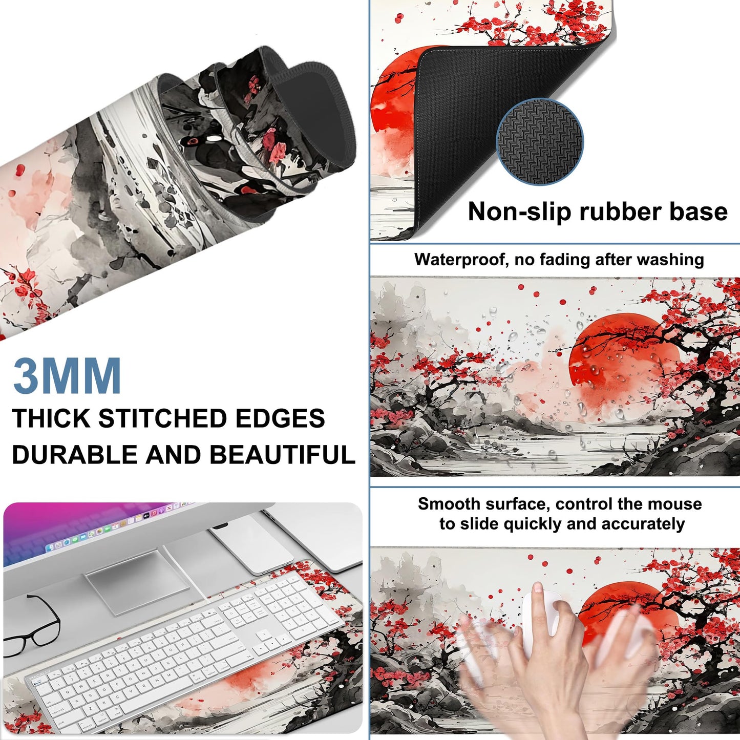 NITAHHHY Large Mouse Pad Ink Painting Gaming Desk Pad Computer Keyboard Non-Slip Waterproof Mouse Mat with Rubber Base and Stitched Edges Entertainment Office Writing Desk Mat 35.4 x 15.7 Inches