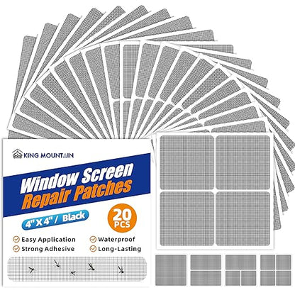 KING MOUNTAIN 20 Sheets Black Window Screen Repair Patches,4×4 in Window Screen Repair Kit for Window Screen and Screen Door Tears Holes, Strong Adhesive Screen Tape Mesh Repair,Quick & Waterproof