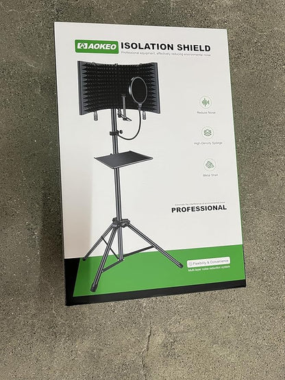 Professional Studio Recording Microphone Isolation Shield, Pop Filter,High density absorbent foam is used to filter vocal. Suitable for Blue Yeti and other condenser microphones (AO-504 With Stand)