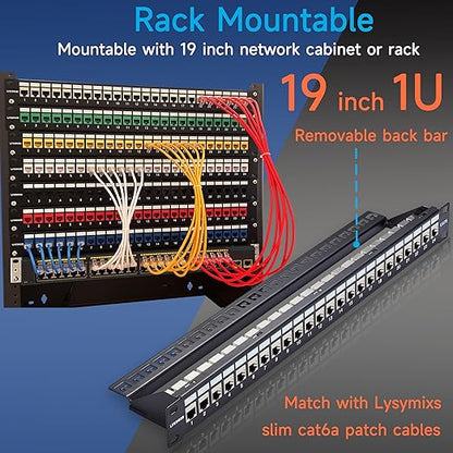 24 Port RJ45 Patch Panel Cat6 STP Feed Through, Coupler Network Panel 19 Inch, Inline Keystone Ethernet Patch Panel with Back Bar