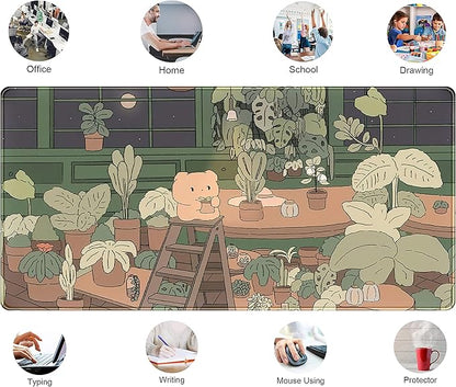 Cute Desk Mat Kawaii Bear Mousepad Cute Anime Plant Desk Protector, Kawai Aesthetic Brown and Green Forest Keyboard Mat, Large Mouse Pad XXL Gaming Desk Pad XL Office Home Decor for Women Girls