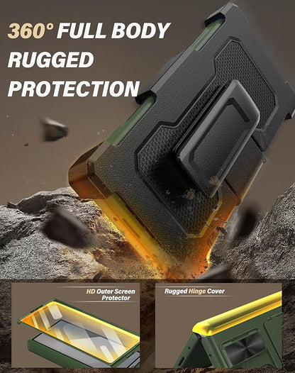 Vihibii for Samsung Galaxy Z Fold 6 Case with Belt Clip Holster & Card Holder & Screen Protector & Camera Cover & Hinge Protection, Full Body Cover Sturdy Wallet Phone Case for Galaxy Z Fold 6, Green