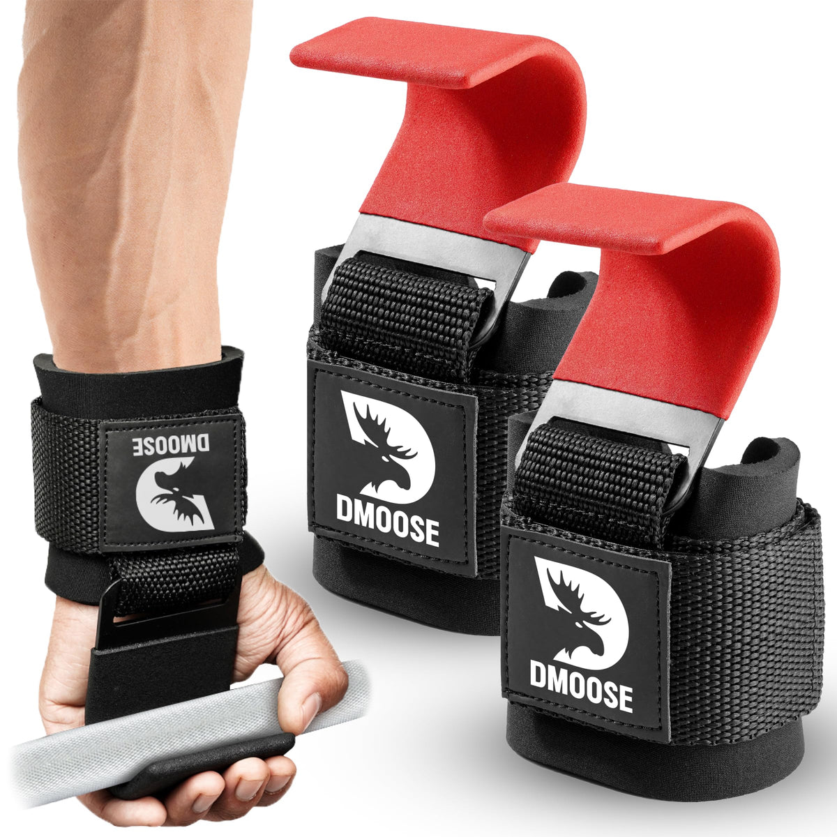 DMoose Fitness Weight Lifting Hooks (Pair) for Deadlifts, Pull Ups, Rows & Shrugs - Anti-Rip Nylon Strap Hand Grips with Thick Wrist Padding - Heavy Duty Wrist Straps for Weightlifting (Red)