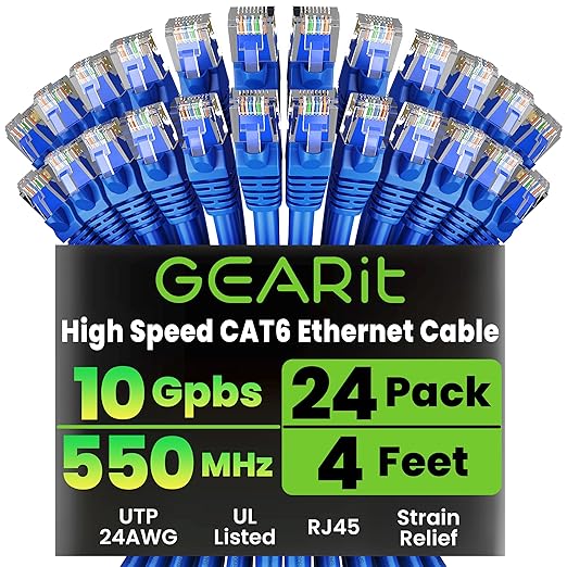 GEARit Cat 6 Ethernet Patch Cable 4 ft Blue (24-Pack Cat6 Ethernet Patch Cables 4ft), Cat 6 High Speed 24AWG 10Gbps RJ45 Snagless Gold-Plated, Ethernet Cable for Router, Switch, PC, PS5 Gaming, Server