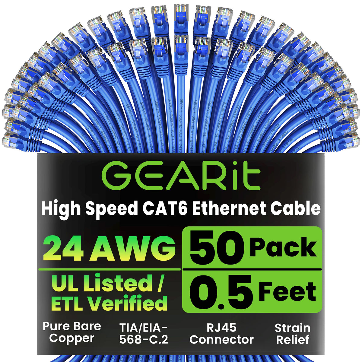GEARit Cat6 Patch Cables Cat 6 Ethernet Cable 2 ft 50-Pack Black