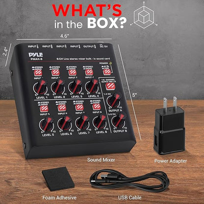 Pyle 8-Channel Wireless BT Streaming Mini Line Mixer with USB Audio Interface - 8 Mono/Stereo Switching Inputs | Ultra-low Noise Design with High Headroom | Built-in USB Sound Card - PMAX8