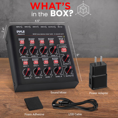 Pyle 8-Channel Bluetooth Mini Line Mixer with USB Audio Interface - 8 Mono/Stereo Switching Inputs | Ultra-low Noise Design with High Headroom | Built-in USB-C Sound Card - PMAX8