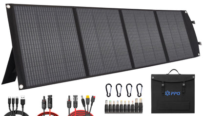 PPQ 200W Portable Solar Panel Kit 18V/12A,14lb Foldable Briefcase Solar Charger w/ 24% Efficiency,4 Cables & 16 Outputs for All Camping Power Station, RV Battery, Phones, IP67 Waterproof