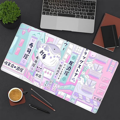 Pastel Tokyo Street Cute Desk Mat - Kawaii Anime Japanese Large Gaming Mousepad - Beige Desktop Laptop Keyboard Mouse Pad - City Aesthetics for Women Girl 31.5x15.75 in