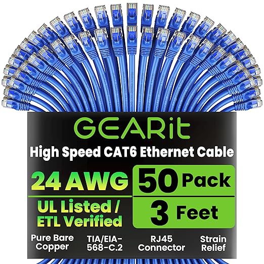 GEARit Cat 6 Ethernet Patch Cable 3 ft Blue (50 Pack) - Cat6 Patch Cables 3ft Blue/Ethernet Patch Cable, 10Gbps 550MHz 24AWG Pure Copper, Snagless, Gold Plated RJ45 for Router, Server, Router, PC