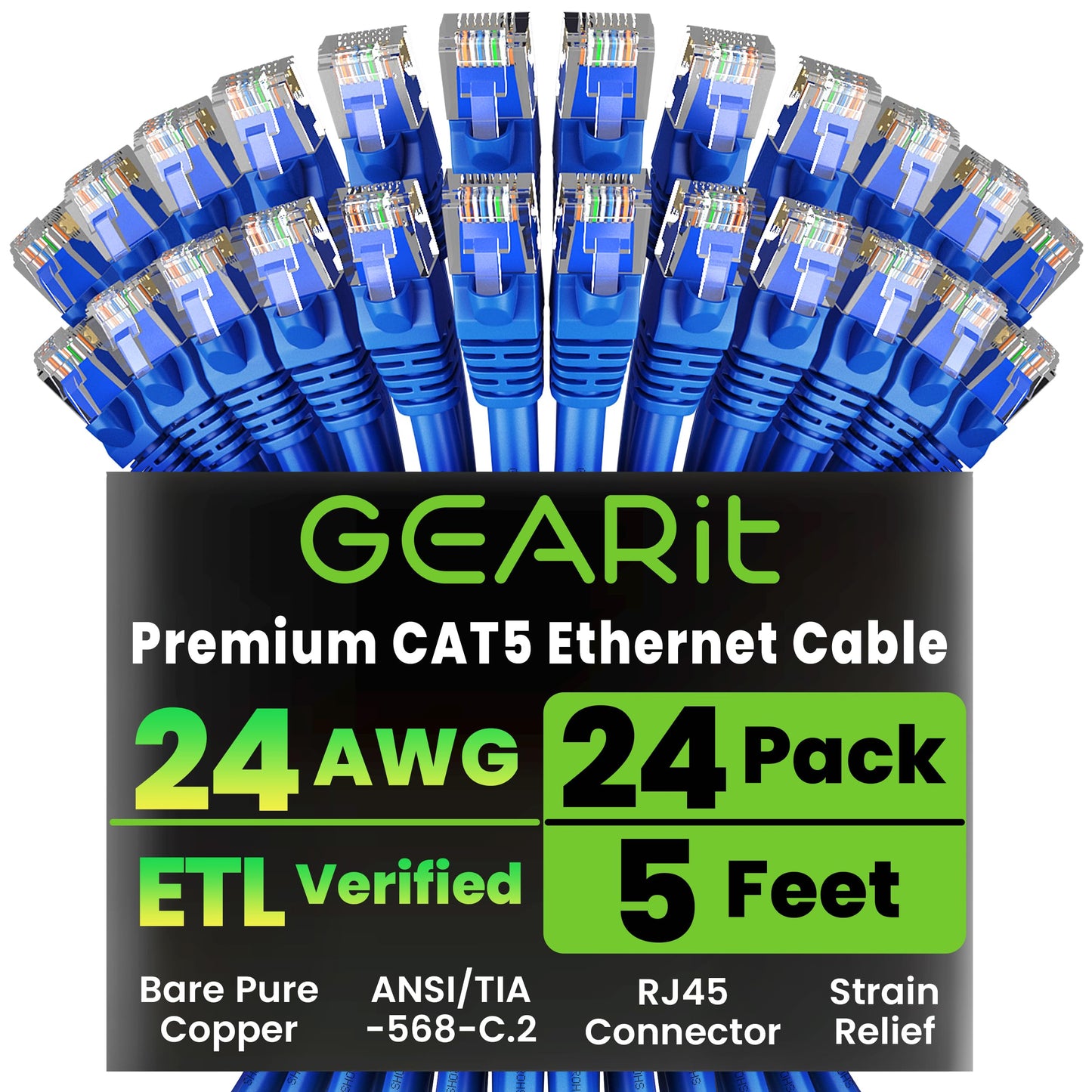 GearIT 24-Pack, Cat5e Ethernet Patch Cable 5 Feet - Snagless RJ45 Computer LAN Network Cord, Blue - Compatible with 24 48 Port Switch POE Rackmount 24port Gigabit