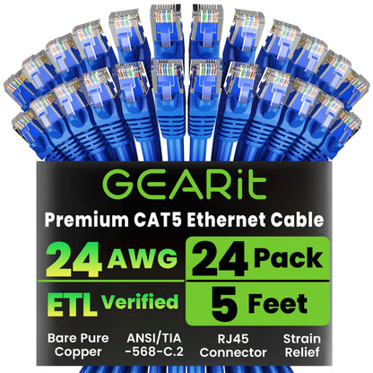 GearIT 24-Pack, Cat5e Ethernet Patch Cable 5 Feet - Snagless RJ45 Computer LAN Network Cord, Blue - Compatible with 24 48 Port Switch POE Rackmount 24port Gigabit