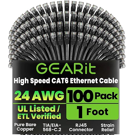 GEARit Cat 6 Patch Cables 1 ft Black (100 Pack) - Cat6 Patch Cables 1ft Black/Ethernet Patch Cable, 10Gbps 550MHz 24AWG Pure Copper, Snagless, Gold Plated RJ45 for Router, Server, Router, PC