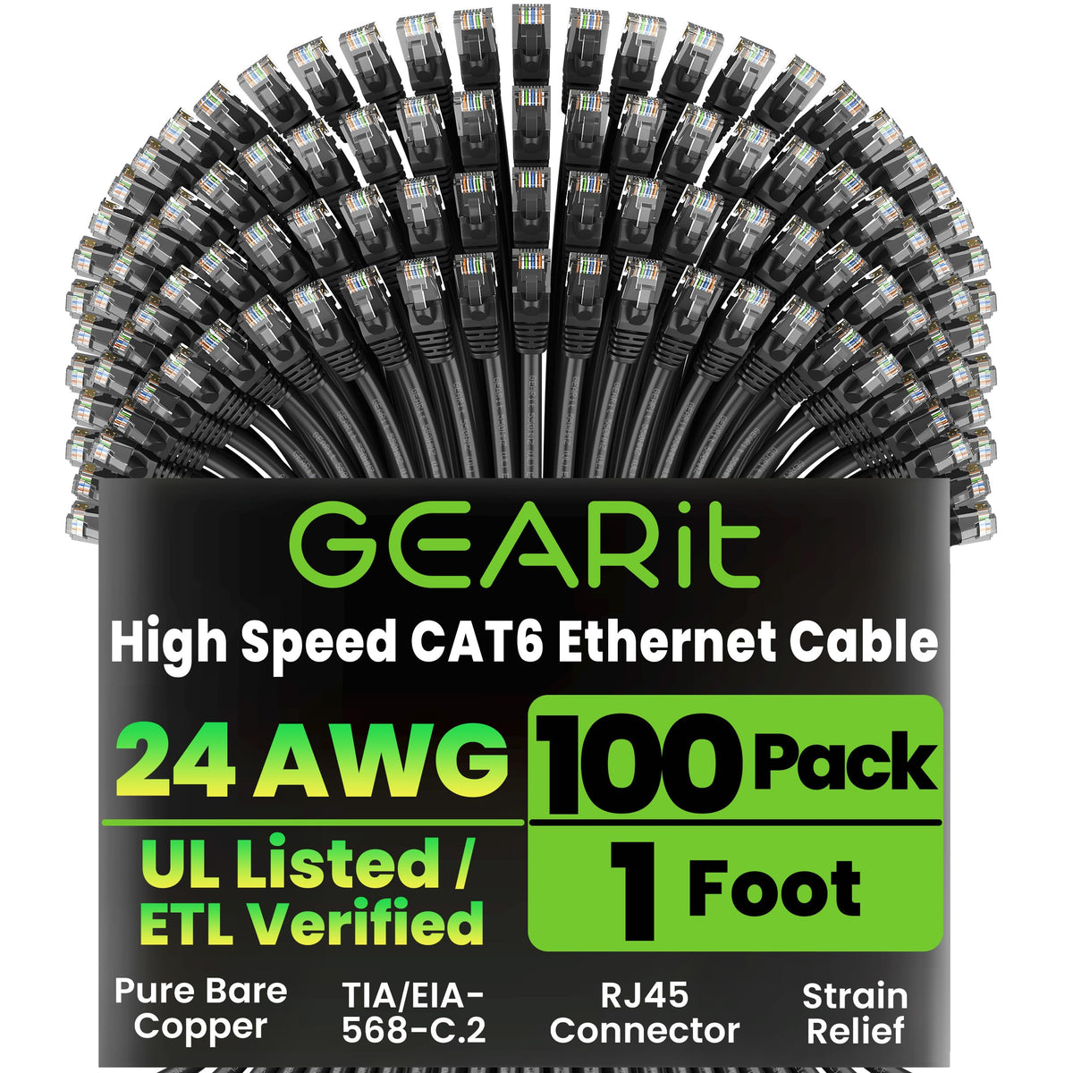 GEARit Cat6 Patch Cables Cat 6 Ethernet Cable 1.5 ft 100-Pack Black