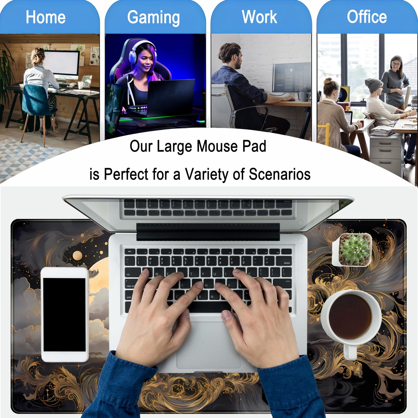 DKPXFG Golden Moon Desk Pad Black Desk Mat XXL Mouse Gaming Pads, Starry Sky Keyboard Pads Extra Large Desktop Computer Mats with Non-Slip Base & Stitched Edges, Vintage Office Decor 31.5" x 15.7"