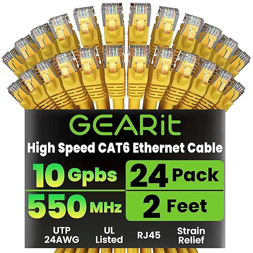 GEARit Cat 6 Ethernet Patch Cables 2 ft Yellow (Cat 6 Ethernet Cables 2 ft 24-Pack), High Speed 24AWG 10Gbps RJ45 Snagless Gold-Plated, Ethernet Cable for Router, Switch, PC, PS5 Gaming, Server
