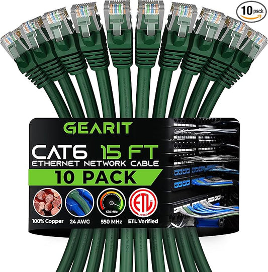 GEARit Cat 6 Ethernet Patch Cable 15 ft Green (10 Pack) Cat6 Patch Cables 15ft Green/Ethernet Patch Cable, 10Gbps 550MHz 24AWG Pure Copper, Snagless, Gold Plated RJ45 for Router, Server, Router, PC