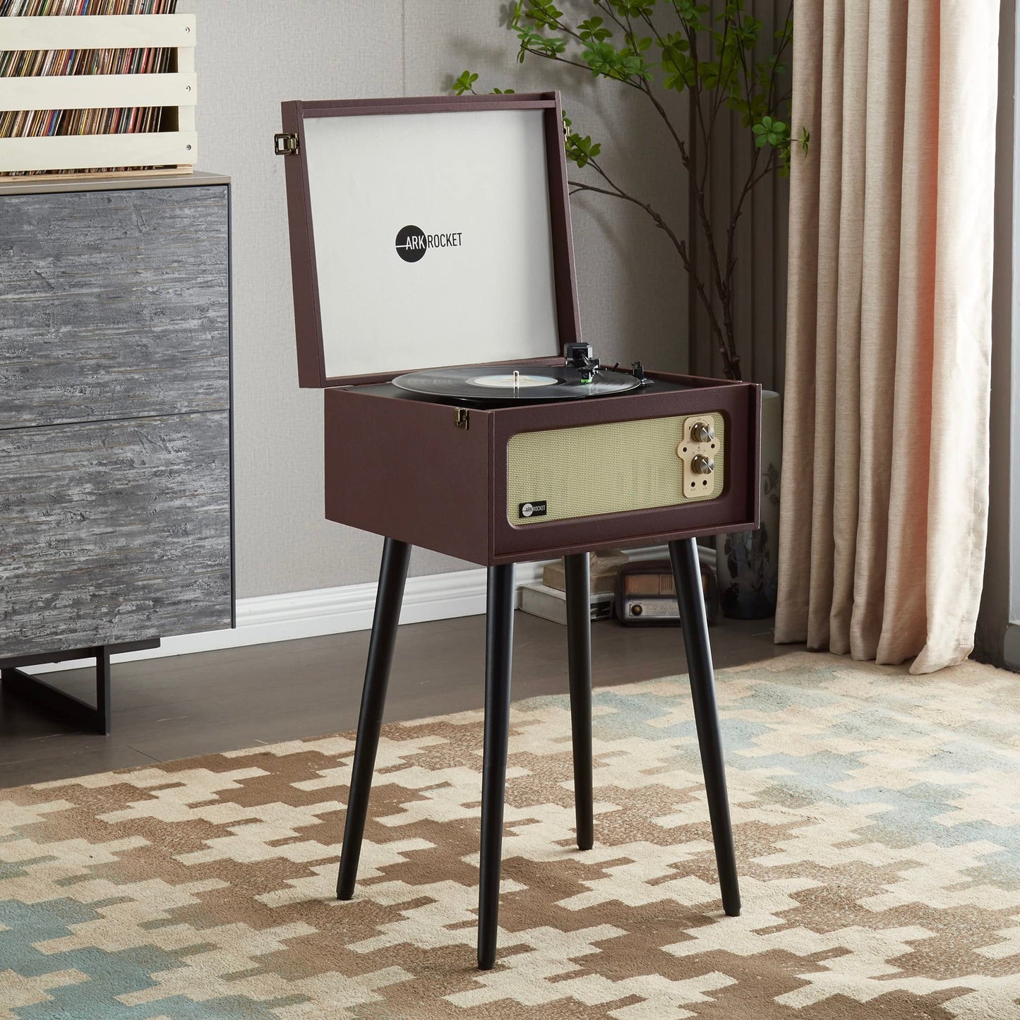 Arkrocket Discovery II 3-Speed Bluetooth Record Player Retro Console Turntable with Built-in Speakers and Removable Legs (Brown)