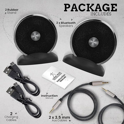 Bluetooth Speaker Set: Wireless Stereo Dual Pairing Portable Twin TWS System With Big Rich Bass Hi-Fi Multi-Room Indoor Outdoor Use Home Deck Pool Work Travel Party Camping Gift Decor Idea (Chrome)
