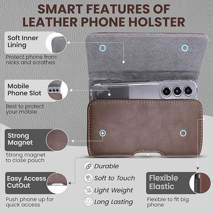 Leather Phone Holster for Men & Women, Horizontal Cell Phone Case -Fits iPhone Air 2025, 16/15/14 Plus/11 Pro Max, XS Max, Belt Clip/Loop Carrying Phone Pouch Holder, Brown Large.