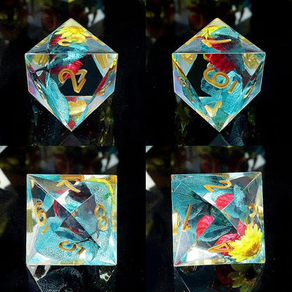 Haxtec Flower Sharp Edge Dice Resin DND Dice Set 7PCS Yellow Blue Red Polyhedral D&D Dice for Role Playing Dice Games Compatible with Dungeons and Dragons