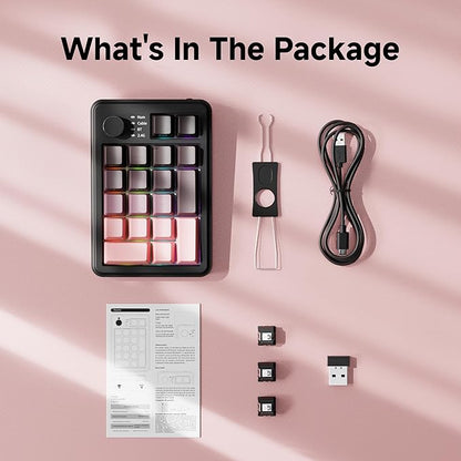 EWEADN NK20 Wireless Retro Mechanical Numpad with Knob, Bluetooth/2.4GHz/USB-C Connect with RGB Backlight Hot Swappable Number Pad, 20-Key Rechargeable External Num Pad for Win, Mac, Black Berry Pink