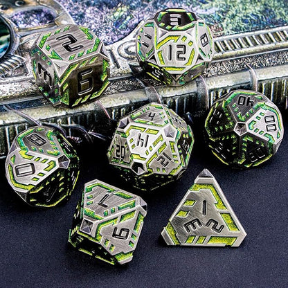 Metal DND Sci-fi Dice Set 7PCS Stripe Polyhedral Dice for Dungeons Dragons RPG Role Playing Game, Glitter D and D Dice with Gift Box D6 D8 D10 D12 D20 (Grey&Green Yellow)