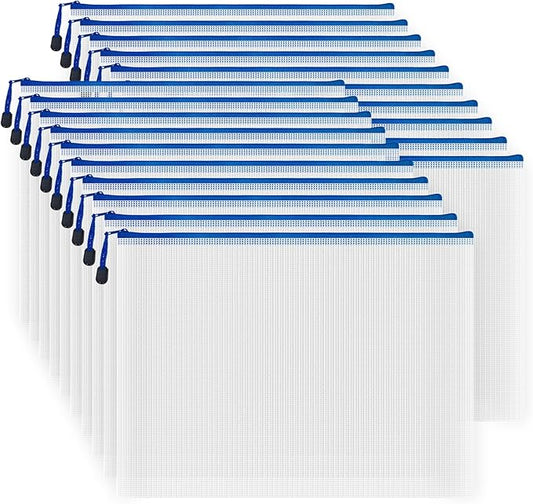 AUSTARK 20pcs Mesh Zipper Pouch Bags, Multipurpose Waterproof Organization Storage Bag for Office School Home Travel (B4 Size 15''x11'', White and Blue)