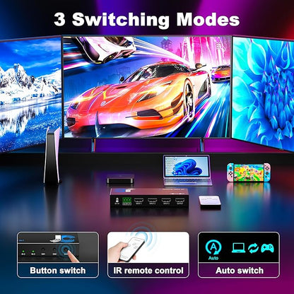 HDMI Switch 3 in 1 Out 4K@60Hz, 3 Ports HDMI Switcher Selector with Remote, Support HDCP 2.2 HD R 10+ Dolby Vision/Atmos 18Gbps CEC for Apple TV Game PC PS4 5 Pro Xbox Roku