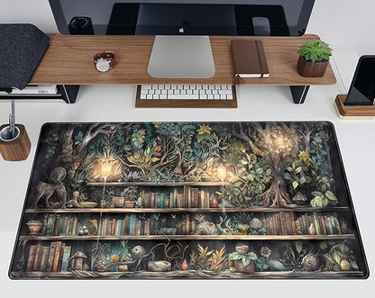 Forest Library Book Mouse Pad Desk Mat, Mystical Green Tree House XXL Extended Large Gaming Desk Pad Mousepad Computer Laptop Keyboard and Mouse Mat, Office Desk Decor Pad for Women 31.5x15.7 in