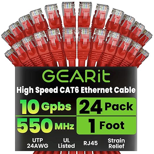 GEARit Cat 6 Ethernet Patch Cables 1 ft Red (Cat 6 Ethernet Cables 1 ft 24-Pack), CAT6 High Speed 24AWG 10Gbps RJ45 Snagless Gold-Plated, Ethernet Cable for Router, Switch, PC, PS5 Gaming, Server