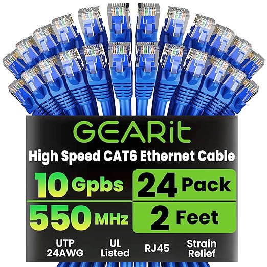 GEARit Cat 6 Ethernet Patch Cable 2 ft Blue (24-Pack Cat6 Ethernet Patch Cables 2ft), Cat 6 High Speed 24AWG 10Gbps RJ45 Snagless Gold-Plated, Ethernet Cable for Router, Switch, PC, PS5 Gaming, Server