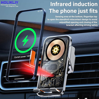 Wireless Car Charger Holder, 15W Fast Charging Car Phone Holder Charger Auto-Clamping 360° Rotation Adjustable Air Vent Phone Mount Car Charger with Luminous Logo for iPhone 16 15 14 13 S24 S23 S22