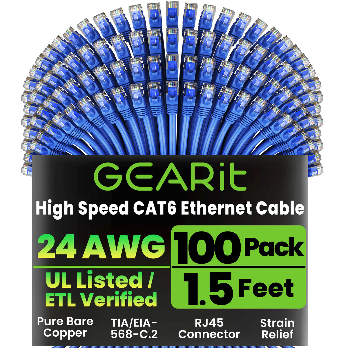 GEARit Cat6 Patch Cables Cat 6 Ethernet Cable 1.5 ft 100-Pack Black